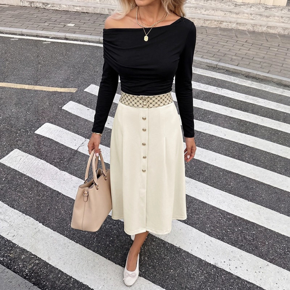 Autumn Winter Soft Knit Plaid Patchwork High Waist A Line Skirt Women